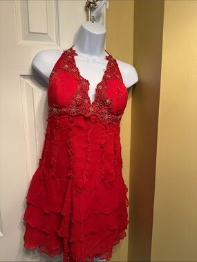 Red Halter Lace-Embellished Women's Dress